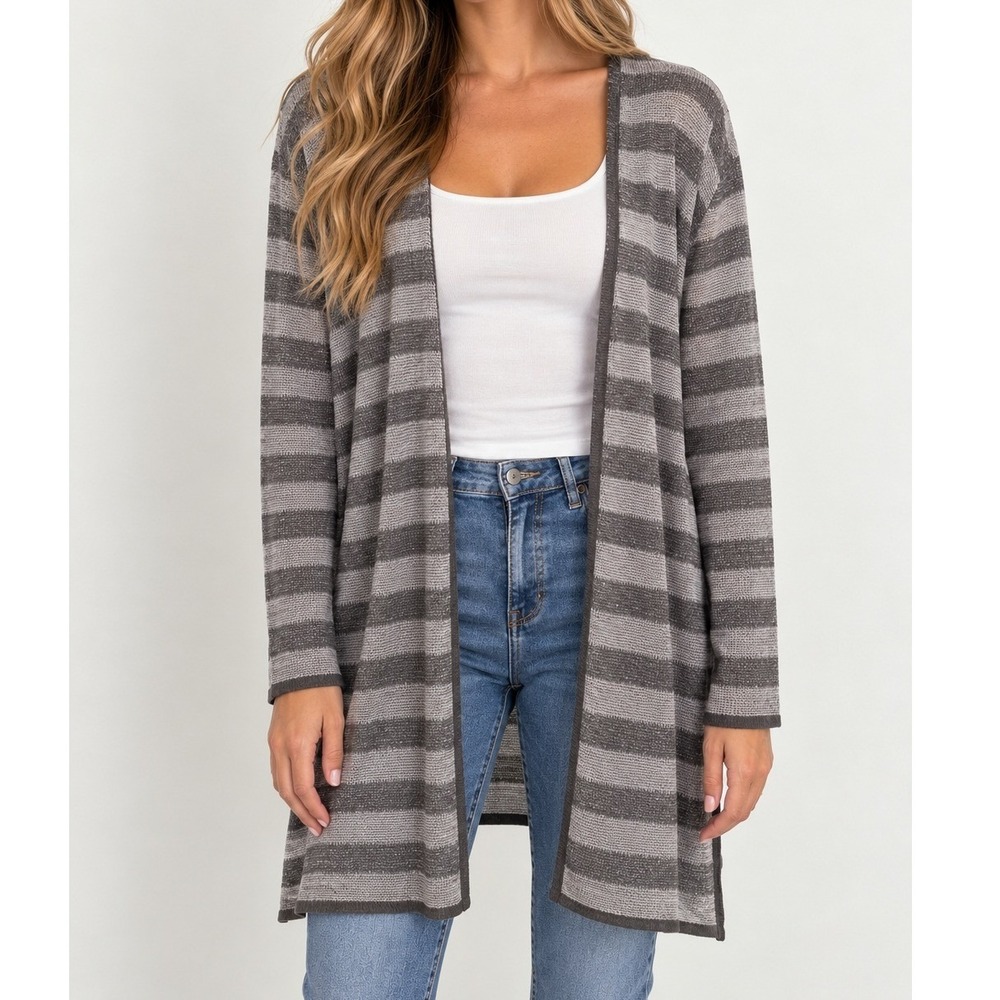 Eileen Fisher Striped Organic Linen Hooded Cardigan Scandi Neutral Minimalist